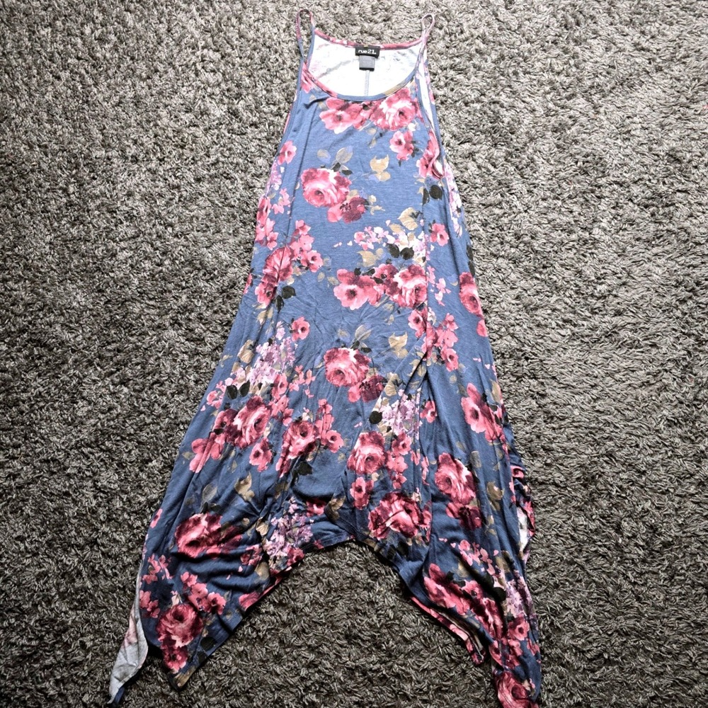 Rue21 Womens Floral Handkerchief Hem Dress Blue Pink Sleeveless Halter Medium